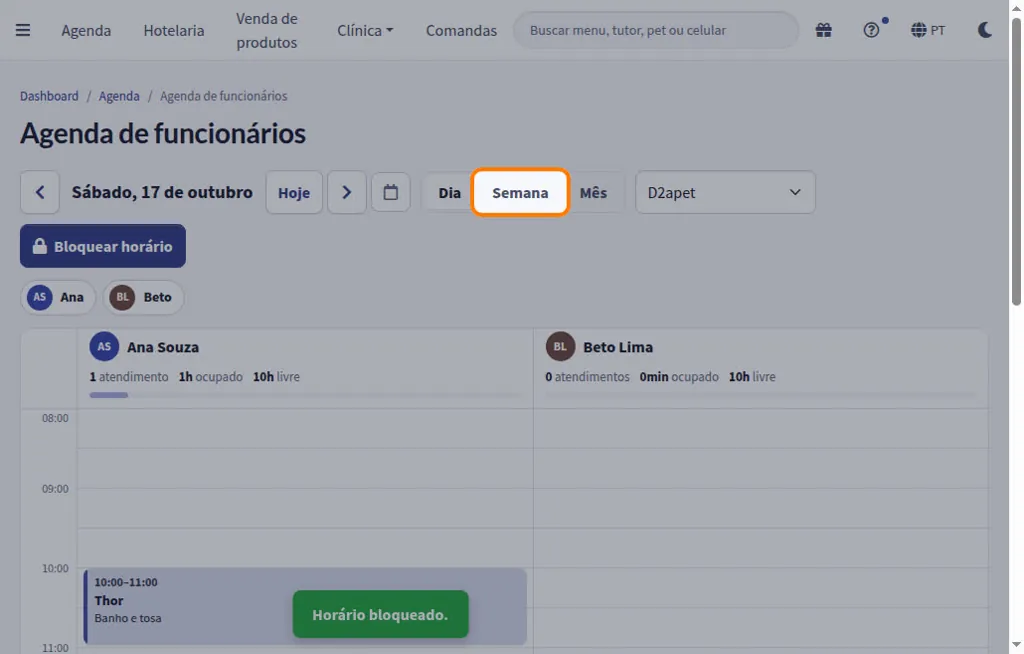 Agenda de funcionários na visão da semana, com uma coluna por tosador e as horas ocupadas e livres de cada um