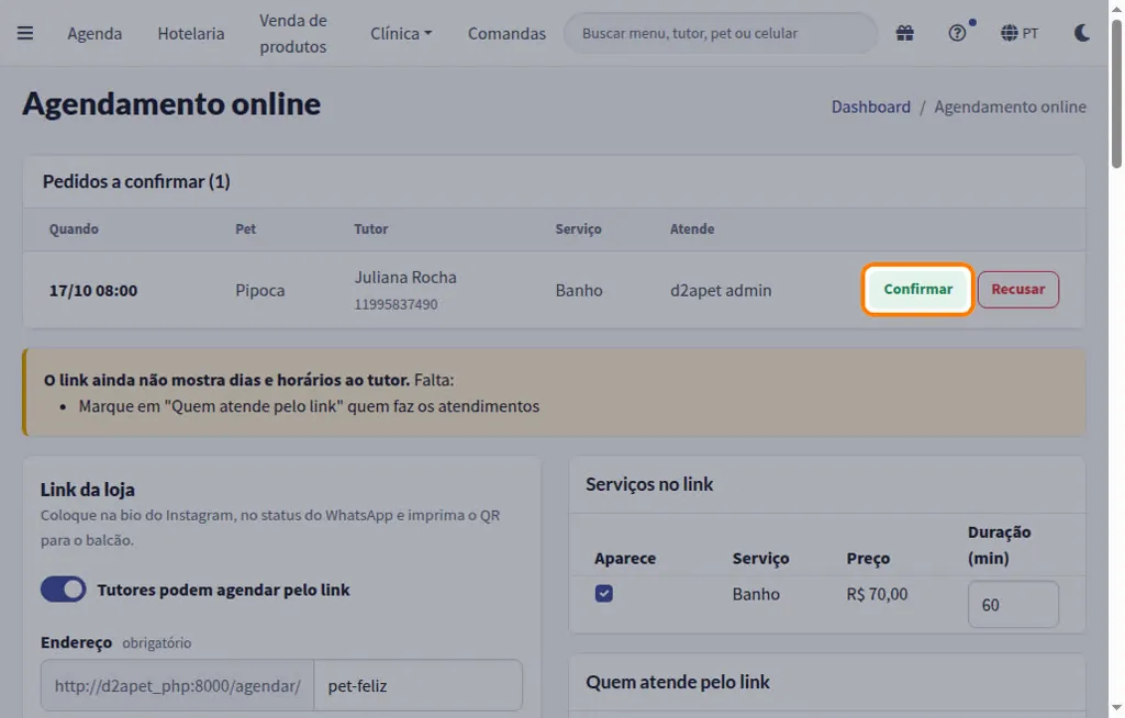 Tela de agendamento online com o pedido do tutor em Pedidos a confirmar e os botões Confirmar e Recusar