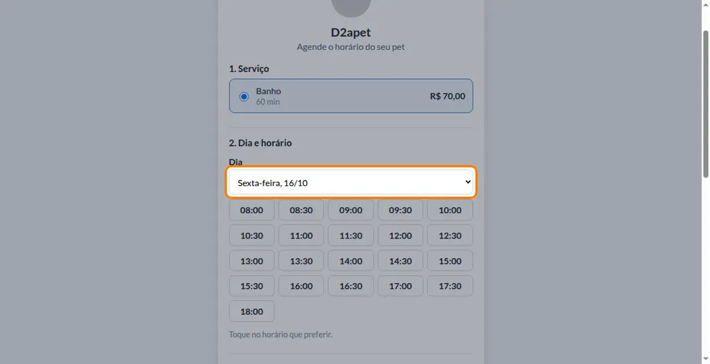 Página de agendamento online que o tutor vê, com o serviço de banho e os horários livres do dia