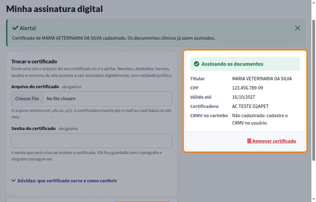 Tela Minha assinatura digital com o titular, o CPF, a validade e a certificadora do certificado A1