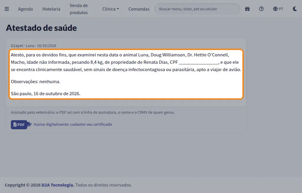 Atestado de saúde gerado com os dados do pet, do tutor e o peso já preenchidos