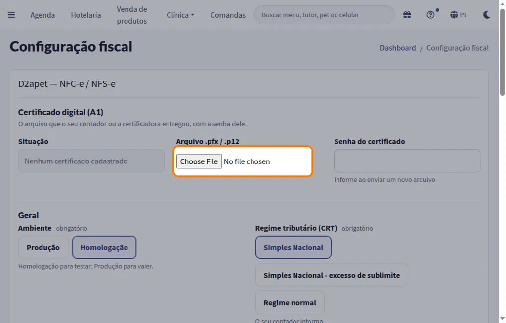 Configuração fiscal com o envio do certificado digital A1, o ambiente e o regime tributário