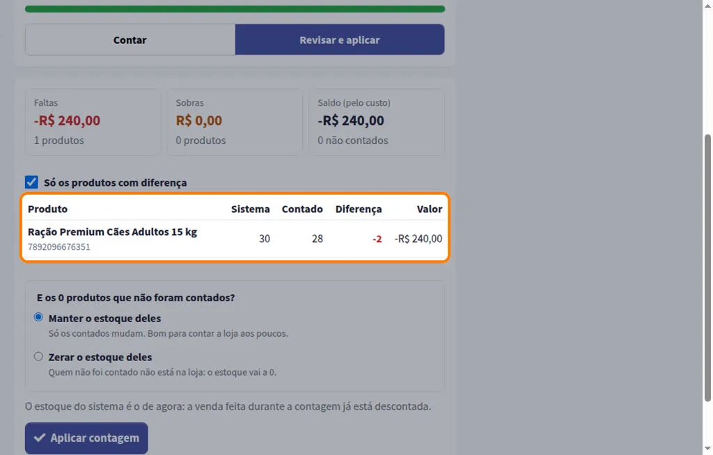 Revisão da contagem de estoque com o produto, o saldo do sistema, o contado e a diferença em reais