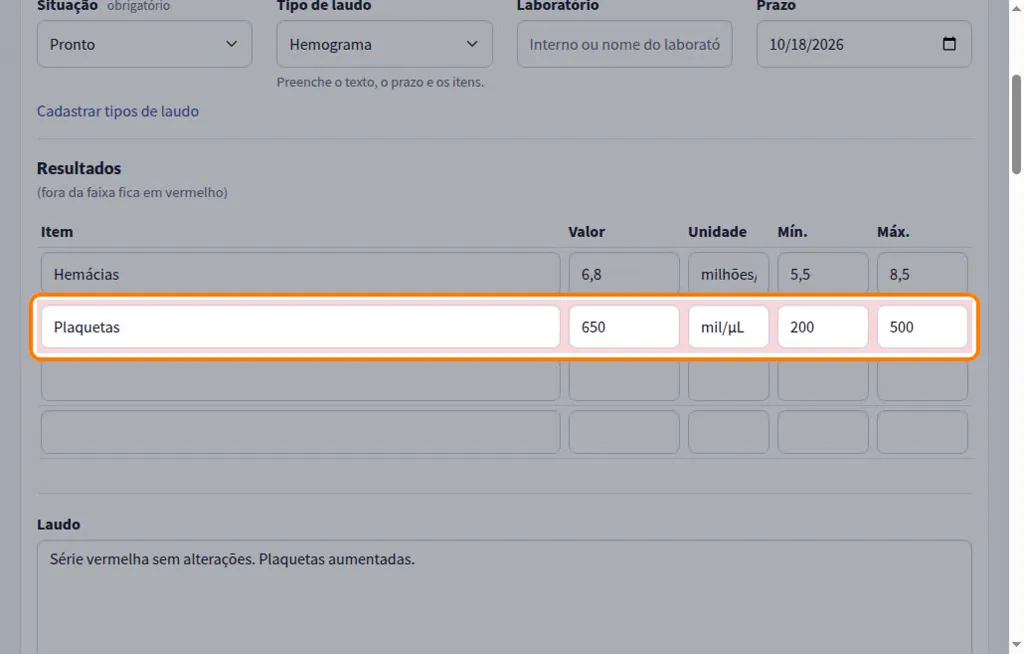 Resultado de hemograma com os itens, os valores e as faixas de referência mínima e máxima