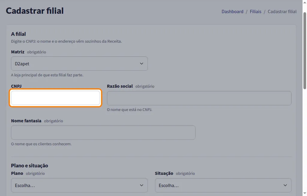 Cadastro de filial com a matriz, o CNPJ, a razão social e o nome fantasia