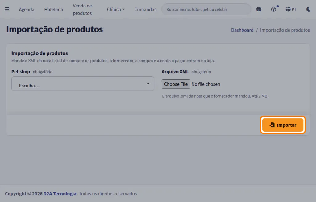 Tela de importação de produtos pelo arquivo XML da nota fiscal do fornecedor