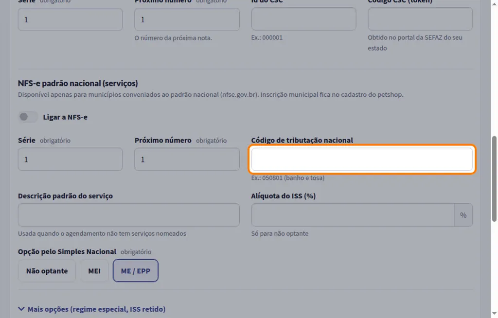 Configuração da NFS-e do padrão nacional com o código de tributação nacional e a opção pelo Simples Nacional