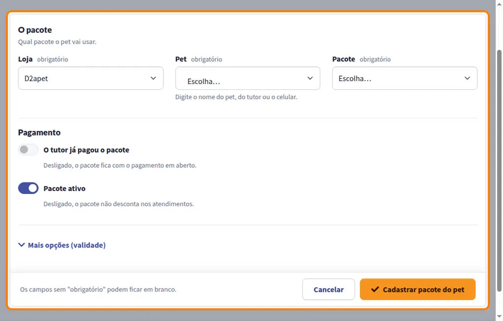 Venda do pacote para o pet, com a loja, o pet, o pacote e a opção O tutor já pagou o pacote