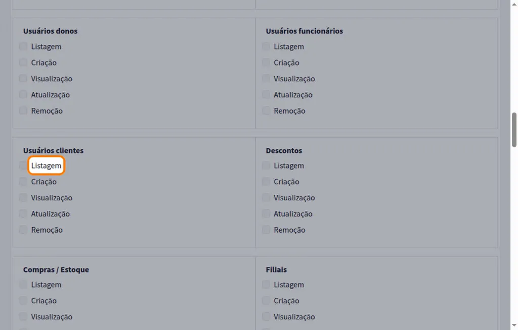 Permissões de um nível de acesso, com listagem, criação, visualização, atualização e remoção por módulo