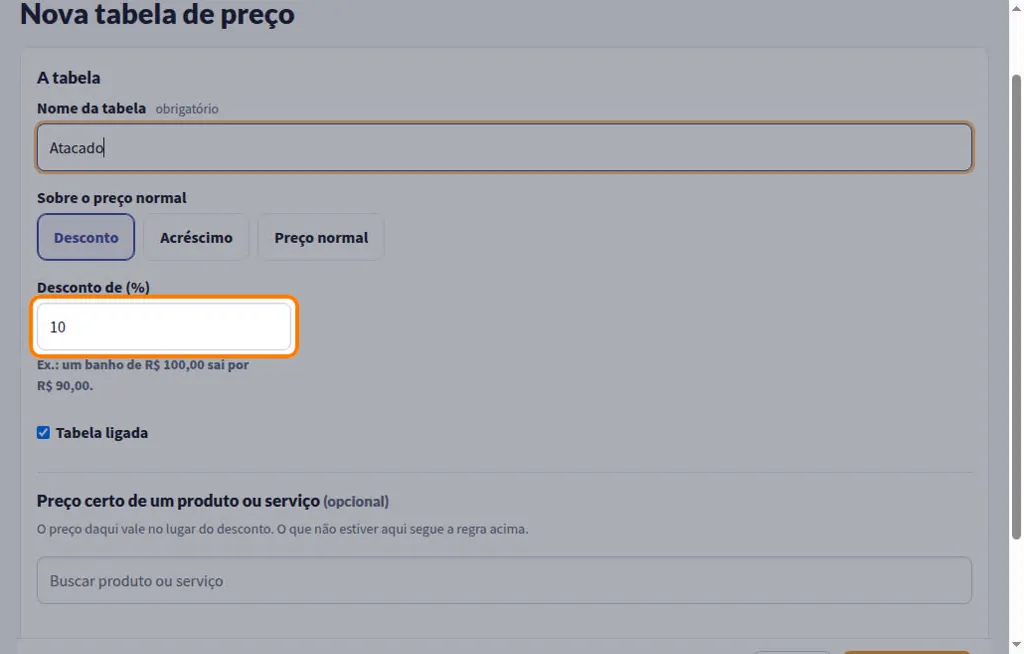 Nova tabela de preço Atacado com desconto de 10% sobre o preço normal